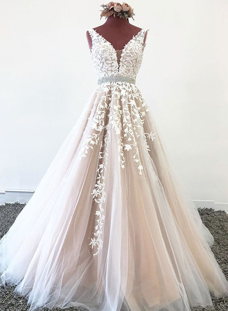 Stylish V-Neck Tulle Lace Long Prom Dress, A-Line Backless Evening Party Dress