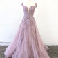 Beautiful Tulle Lace Long Formal Dress, A-Line Backless Evening Dress