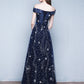 Dark Blue Tulle Sequins Long Prom Dress, Blue A-Line Off the Shoulder Evening Dress