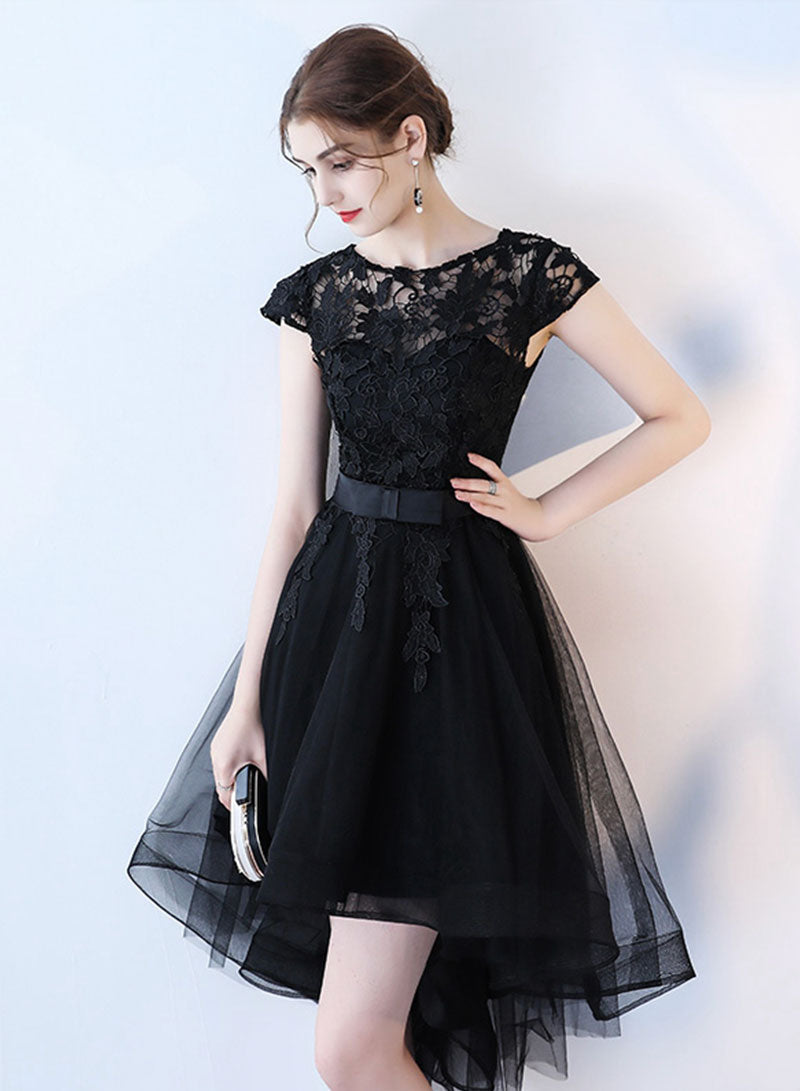 Black Tulle Lace Short Prom Dress, A-Line Black High Low Party Dress