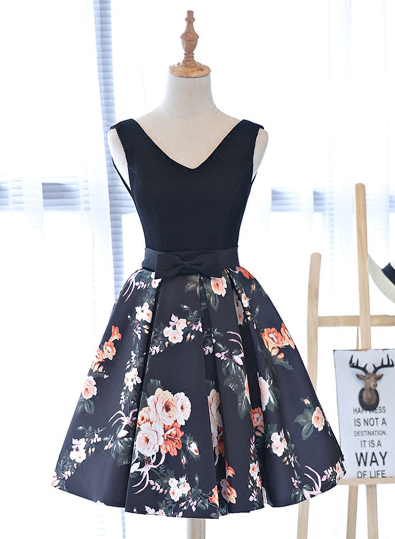 Cute V-Neck Floral Pattern Short Prom Dress, A-Line Evening Party Dress
