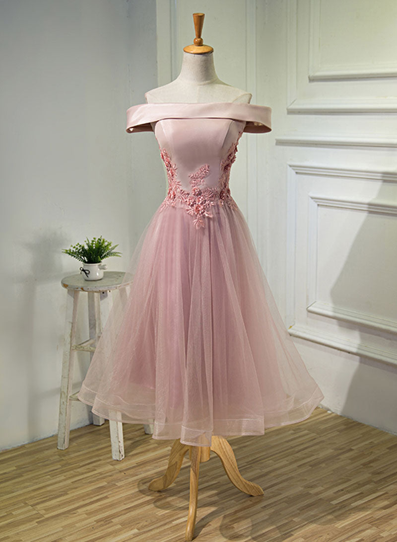 Pink Tulle Lace Short Prom Dress, A-Line Off the Shoulder Party Dress