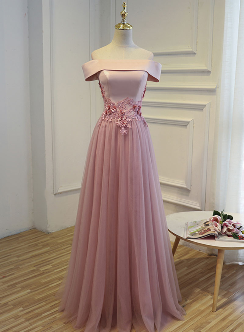 Pink Floor Length Tulle Lace Long Prom Dress, A-Line Off the Shoulder Evening Dress
