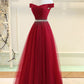 Burgundy off shoulder tulle prom dress, evening dress