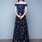 Dark Blue Tulle Sequins Long Prom Dress, Blue A-Line Off the Shoulder Evening Dress