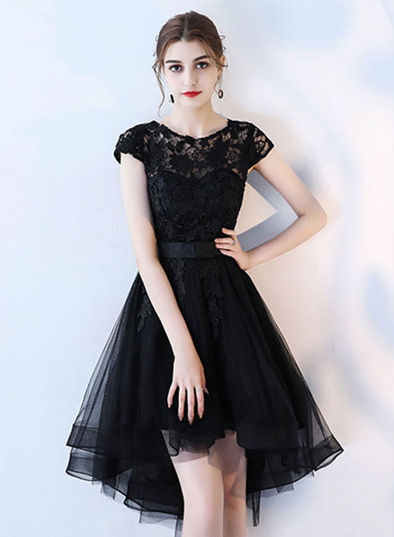 Black Tulle Lace Short Prom Dress, A-Line Black High Low Party Dress