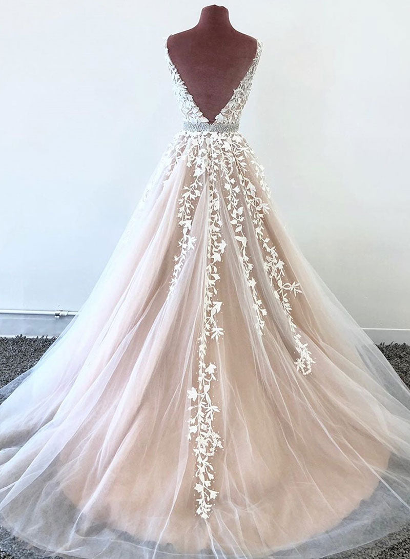Stylish V-Neck Tulle Lace Long Prom Dress, A-Line Backless Evening Party Dress