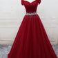 Burgundy Tulle Beaded Long Prom Dress, Off the Shoulder Evening Party Dress