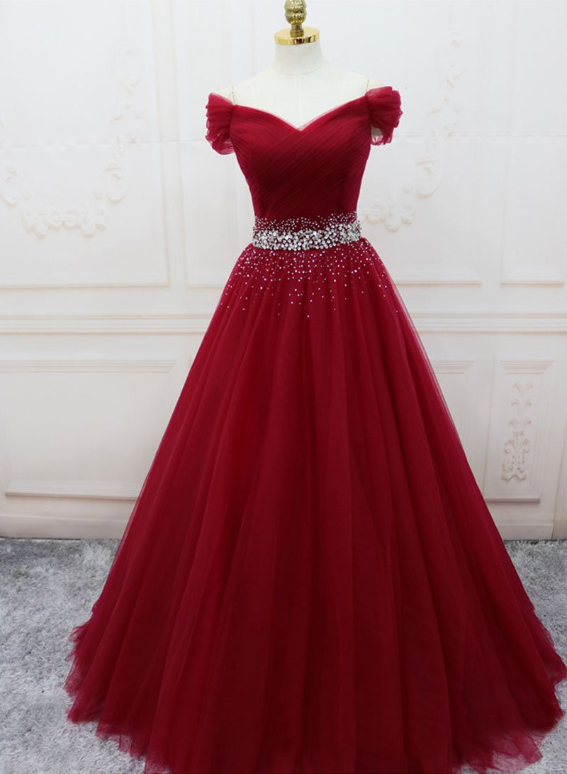 Burgundy Tulle Beaded Long Prom Dress, Off the Shoulder Evening Party ...