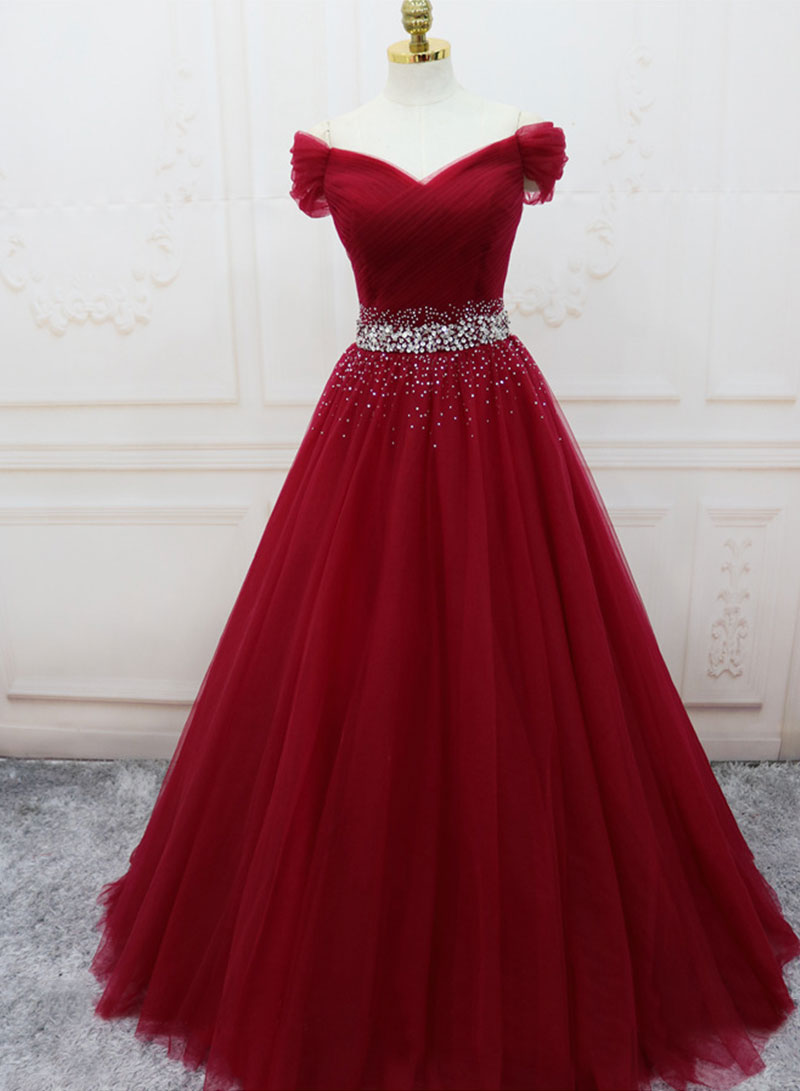 Burgundy Tulle Beaded Long Prom Dress, Off the Shoulder Evening Party Dress