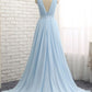 Baby Blue Chiffon Floor Length Prom Dress, Simple V-Neck Backless Evening Dress