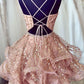 Cute V-Neck Spaghetti Strap Short Prom Dress, A-Line Pink Evening Party Dress