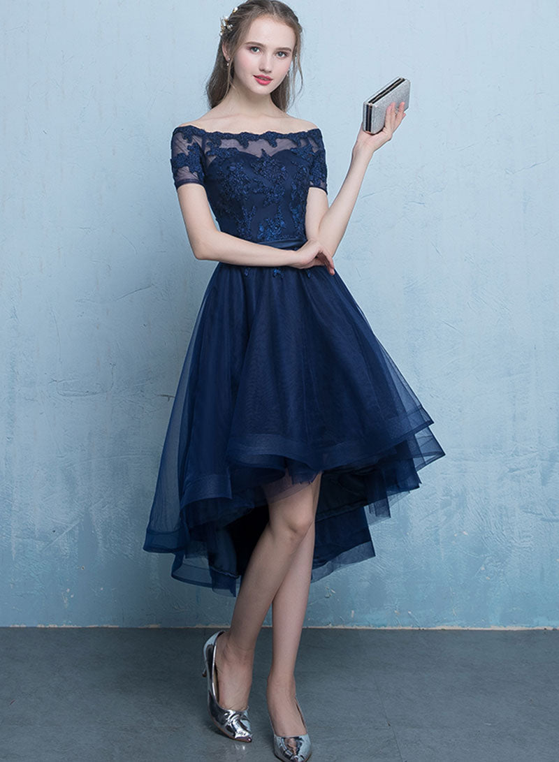 Cute blue lace short prom dress, high low evening dress