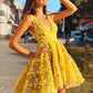Yellow v neck lace short prom dress, yellow evening dress