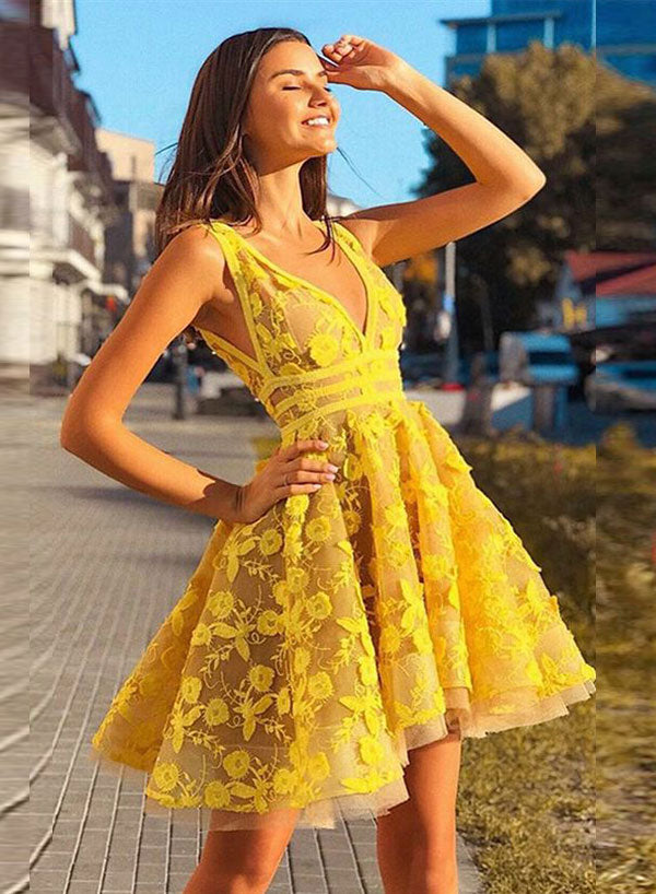 Yellow v neck lace short prom dress, yellow evening dress