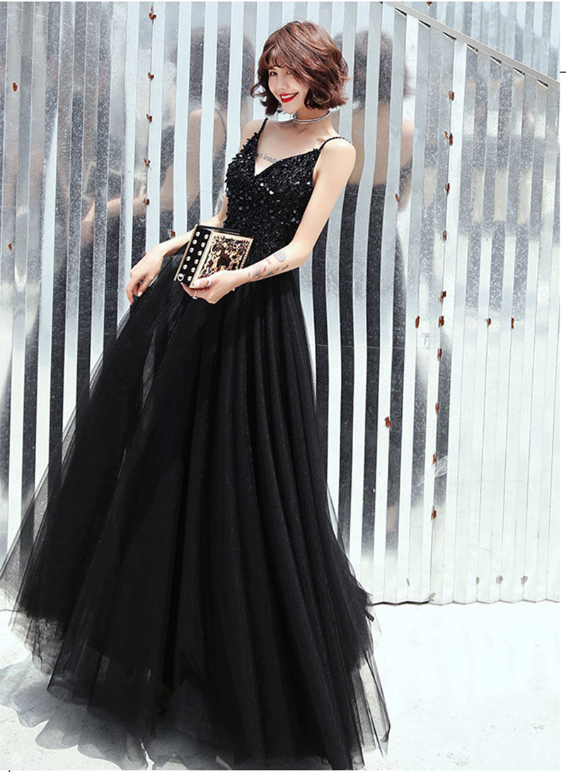 Black V-Neck Tulle Sequins Long Prom Dress, Black A-Line Evening Party Dress
