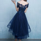 Cute blue lace short prom dress, high low evening dress