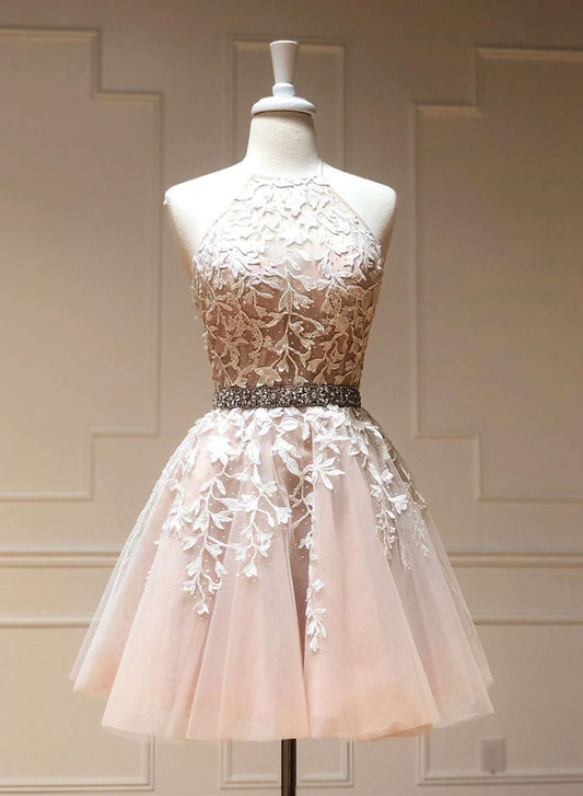 Cute Tulle Lace Short Prom Dress, A-Line Backless Evening Party Dress