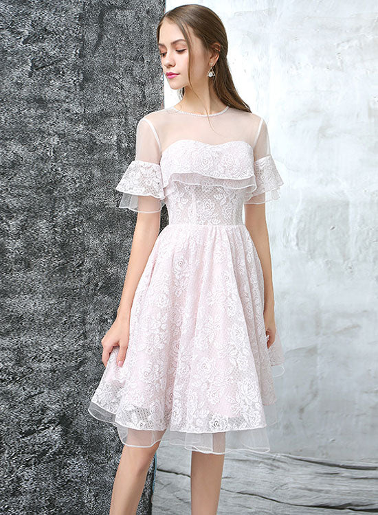 Cute Lace Knee Length Prom Dress, Light Pink Short Party Dress