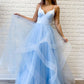 Cute V-Neck Tulle Floor Length Prom Dress, Beautiful Spaghetti Strap Evening Party Dress