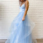 Cute V-Neck Tulle Floor Length Prom Dress, Beautiful Spaghetti Strap Evening Party Dress