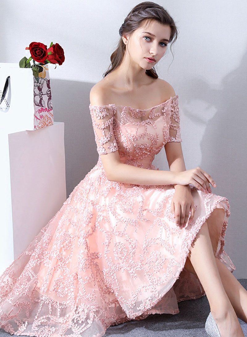 Lovely A-Line High Low Prom Dress, Off the Shoulder Evening Party Dress
