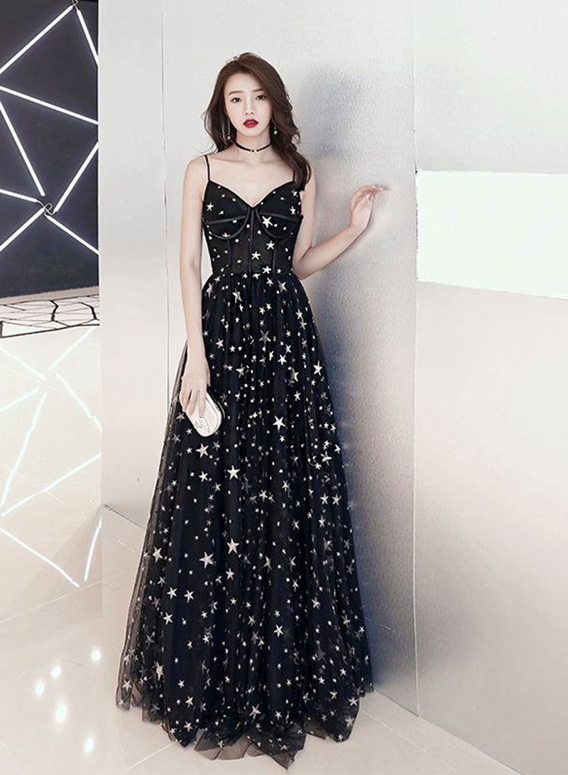 Cute black tulle long prom dress, evening dress
