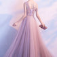 Pink v neck tulle lace prom dress, homecoming dress