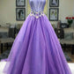 Purple Strapless Tulle Lace Long Prom Dress, A-Line Beautiful Evening Party Dress