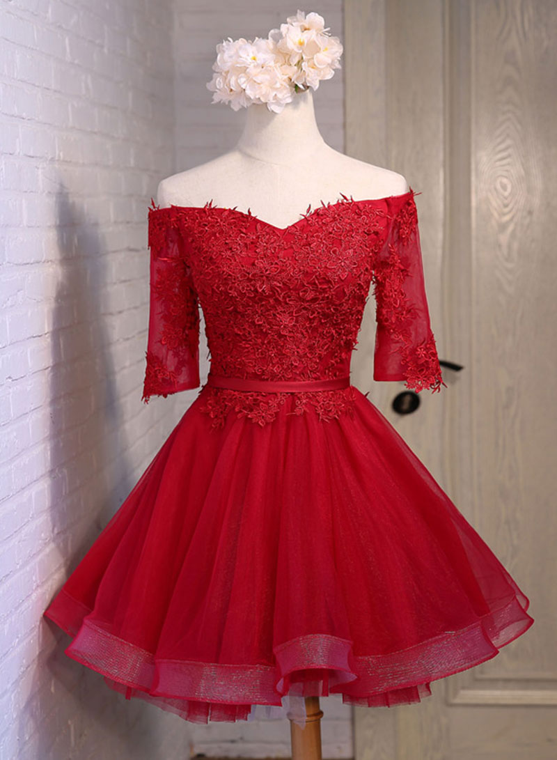Burgundy Lace Short Prom Dress, A-Line Mini Party Dress
