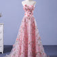 Pink Tulle Applique Long Prom Dress, A-Line Sweetheart Neck Evening Dress