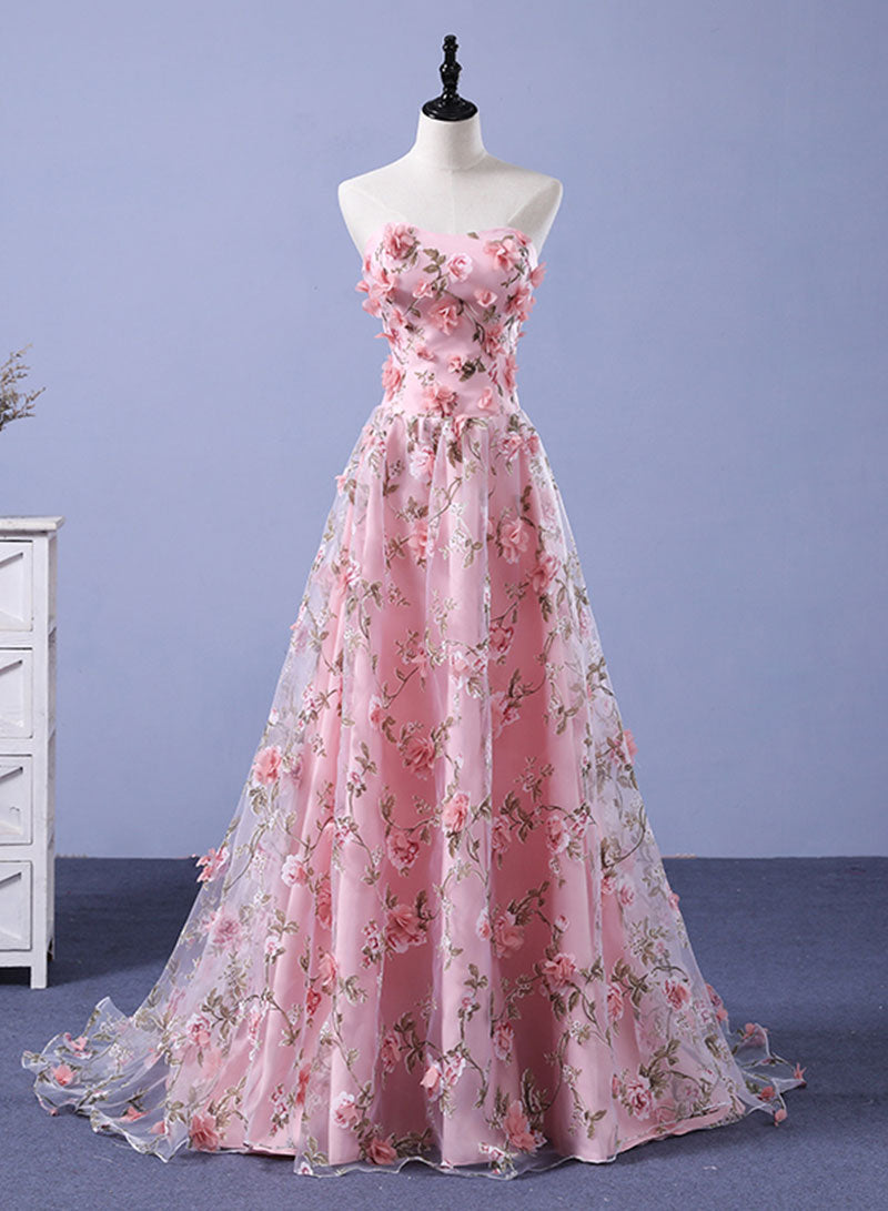 Pink Tulle Applique Long Prom Dress, A-Line Sweetheart Neck Evening Dress