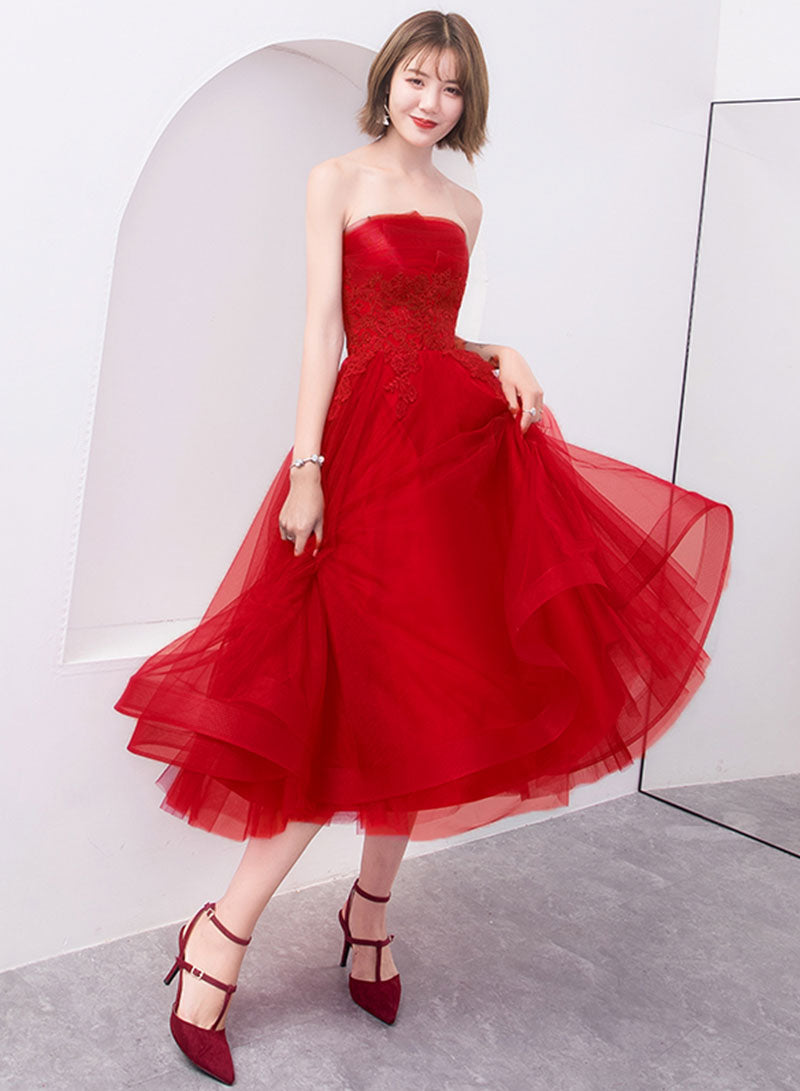 Cute Tulle Lace Short Prom Dress, A-Line Strapless Homecoming Party Dress