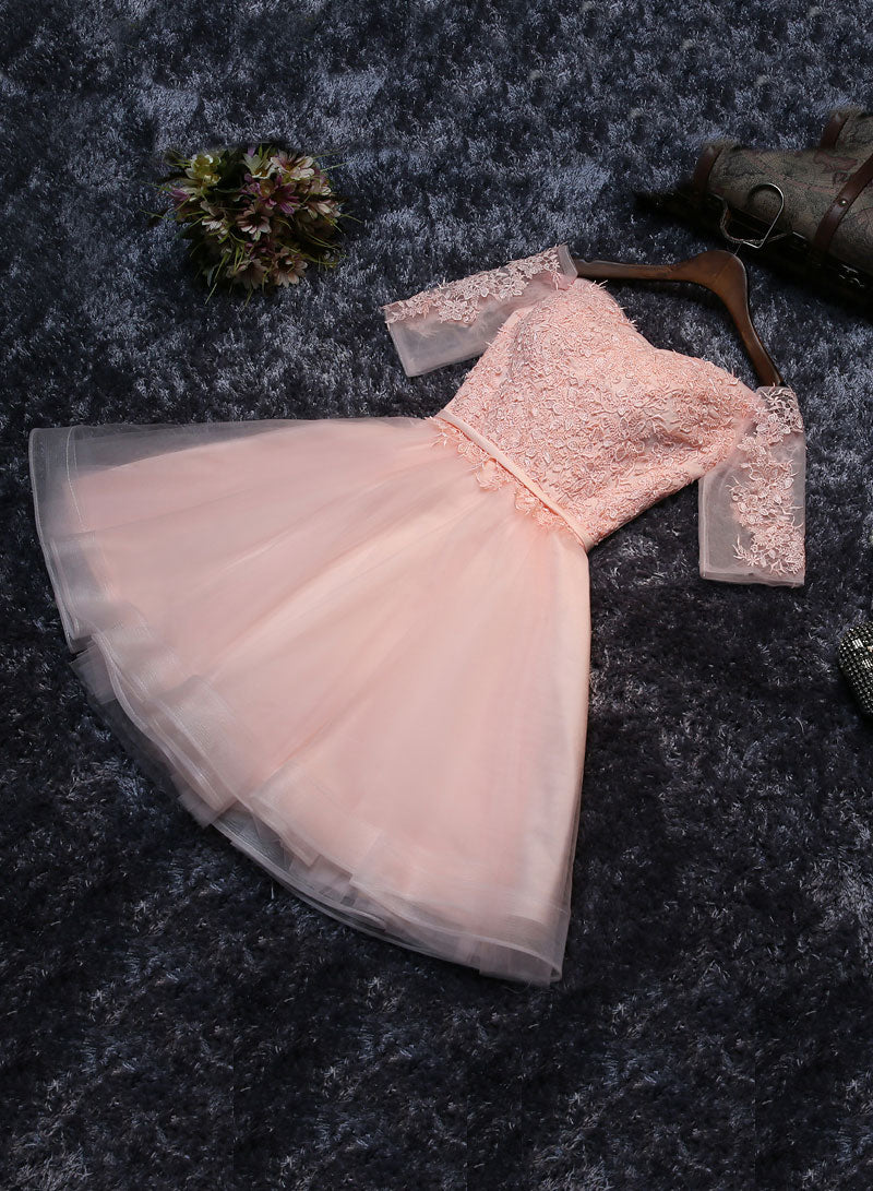 Pink tulle lace short prom dress, homecoming dress