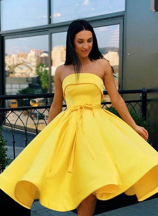 Yellow Strapless Satin Short Prom Dress, A-Line Evening Party Dress