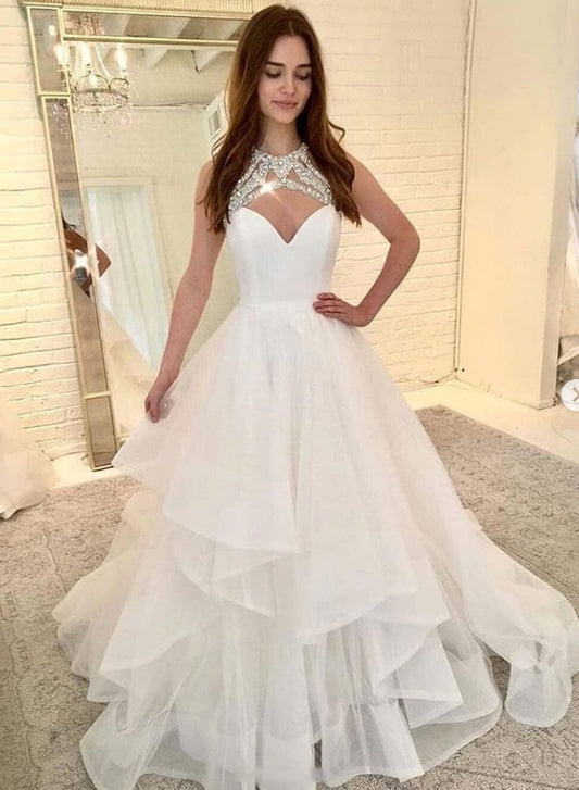 White Tulle Beaded Long Prom Dress, White Evening Party Dress
