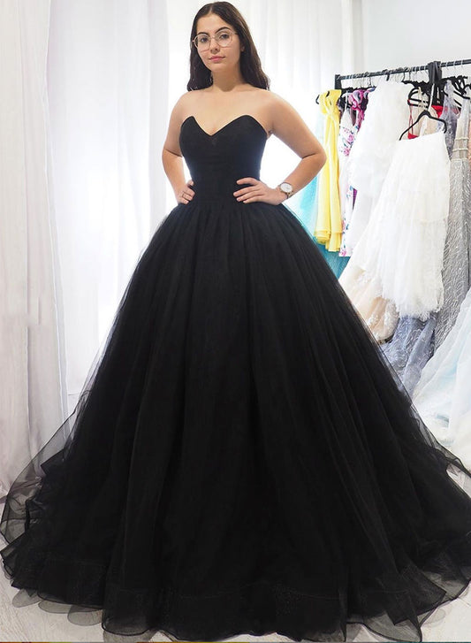 Black Strapless Tulle Floor Length Prom Dress, Black A-Line Evening Party Dress
