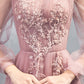 Pink Tulle Lace Floor Length Prom Dress, Long Sleeve Evening Dress