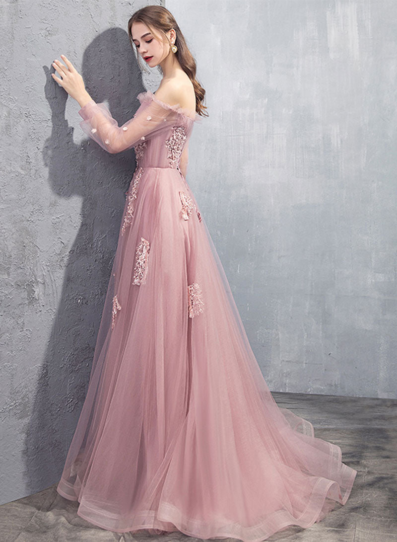 Pink Tulle Lace Floor Length Prom Dress, Long Sleeve Evening Dress
