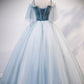 Blue Sweetheart Neck Tulle Long Prom Dress, Blue Tulle Formal Evening Dress