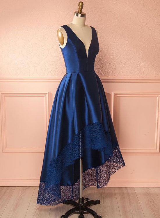 Unique High Low V-Neck Prom Dress, Blue A-Line Evening Party Dress