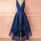 Unique high low lace prom dress, dark blue evening dress