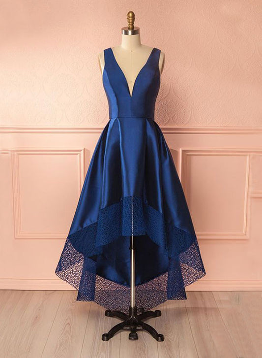 Unique High Low V-Neck Prom Dress, Blue A-Line Evening Party Dress