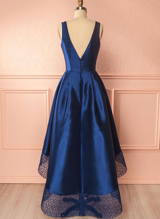 Unique high low lace prom dress, dark blue evening dress
