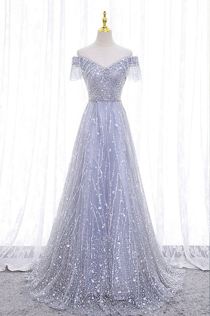 Gray tulle sequins long prom dress A-line evening dress