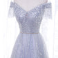 Gray Tulle Sequins Long Prom Dress, Off the Shoulder Evening Dress