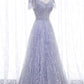 Gray tulle sequins long prom dress A-line evening dress