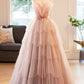 Gorgeous V Neck Beaded Layered PinkTulle Long Prom Dresses, A-Line Evening Party Dresses