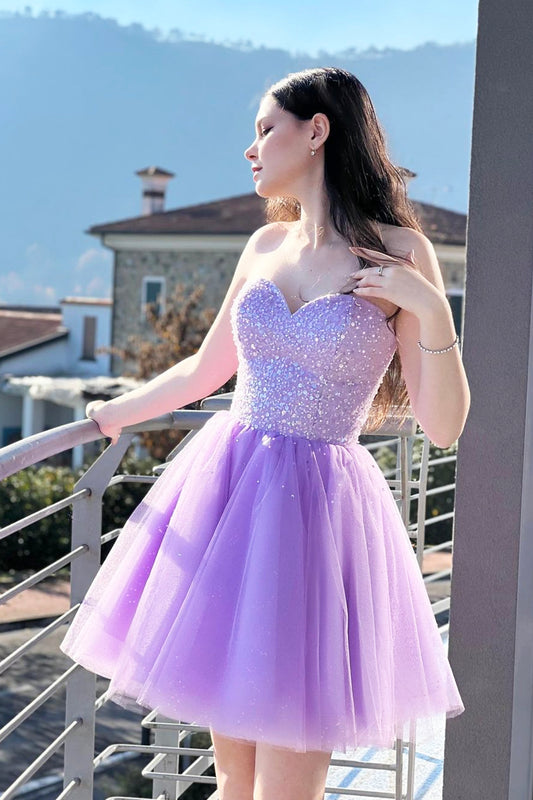Purple Tulle Sequins Short Prom Dress, Cute A-Line Evening Party Dress