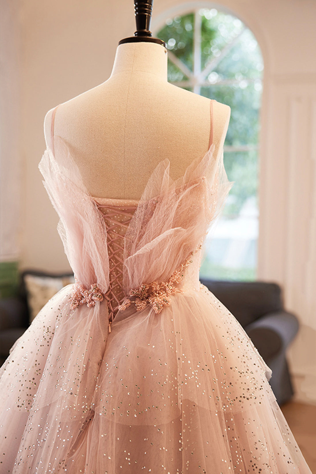 Gorgeous V Neck Beaded Layered PinkTulle Long Prom Dresses, A-Line Evening Party Dresses